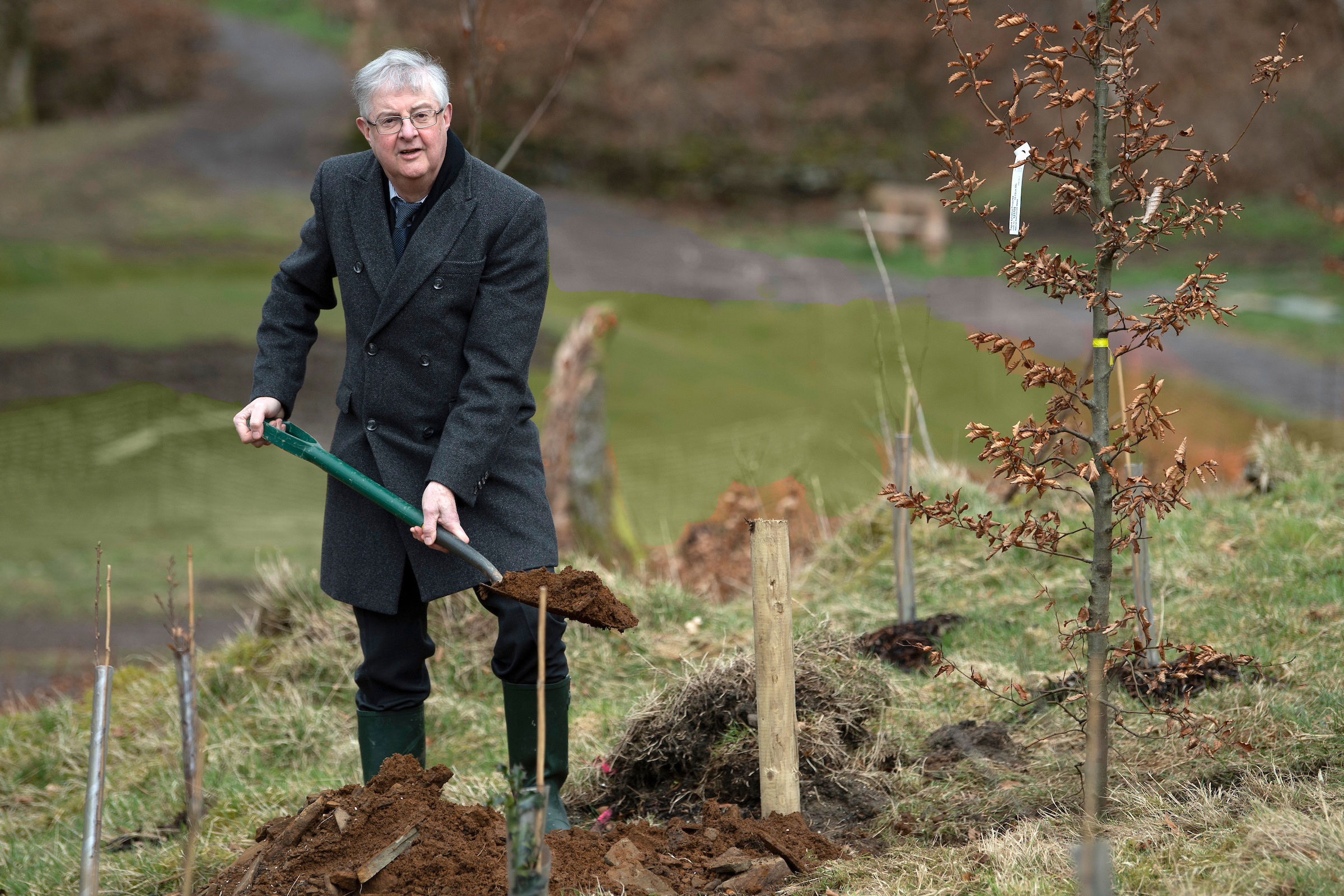 First Minister of Wales Mark Drakeford plants a tree in memory of those who have died of coronavirus at Cwmcarn Forest, Wales..