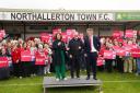 Labour Party leader Sir Keir Starmer and shadow chancellor Rachel Reeves, celebrate with David Skaith at Northallerton Town Football Club, North Yorkshire, after he won the York and North Yorkshire mayoral election (Owen Humphreys/PA)