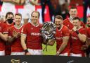 Captain Alun Wyn Jones of Wales holds the Triple Crown with Liam Williams, Dan Biggar, Adam Beard and Elliot Dee . Picture: Huw Evans Picture Agency