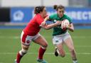 Wales' Siwan Lillicrap (left) tackles Ireland's Eve Higgins (right) during the Women's Guinness Six Nations match at Cardiff Arms Park, Cardiff. Picture date: Saturday April 10, 2021.