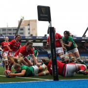 Ireland's Dorothy Wall scores a try during the Women's Guinness Six Nations match at Cardiff Arms Park, Cardiff. Picture date: Saturday April 10, 2021..