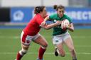 Wales' Siwan Lillicrap (left) tackles Ireland's Eve Higgins (right) during the Women's Guinness Six Nations match at Cardiff Arms Park, Cardiff. Picture date: Saturday April 10, 2021.