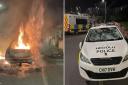 A car set alight and a damaged police car in Ely, Cardiff, as rioters clashed with police