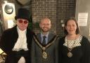 Cllr Nic Hodges dressed as ‘The Barry Vampyre’ (L)  with Barry Town Mayor Cllr Ian Johnson (C)and consort Cllr Millie Collins (R)