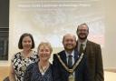 Dr Andy Seaman with Barry Arts Festival organiser Dot Connell, the Mayor of Barry, Cllr Ian Johnson and consort, Cllr Millie Collins.