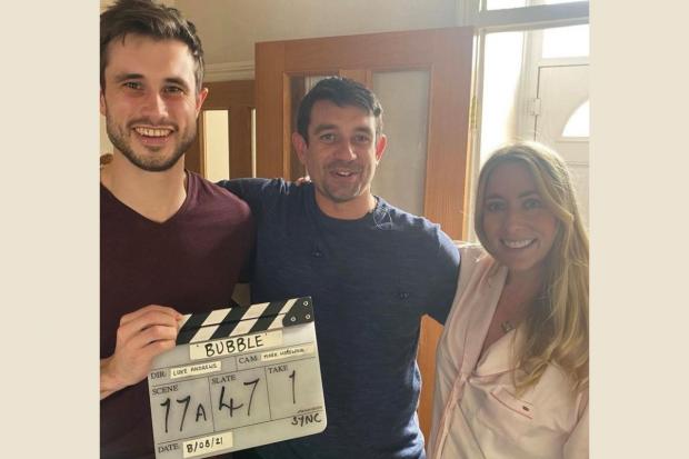 Jonny George (actor), Luke Andrews (director) and Stacey Daly (actress) wrapping up the filming of BUBBLE