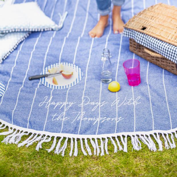 Barry And District News: Personalised Round Blue Picnic Or Beach Blanket. Credit: Not On The High Street