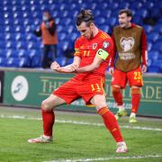 Wales Gareth Bale celebrates their side's first goal of the game during the 2022 FIFA World Cup Qualifying match at Cardiff City Stadium, Wales. Picture date: Tuesday March 30, 2021. PA Photo. See PA story SOCCER Wales. Photo credit should read: Nick