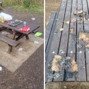 Benches were burnt by disposable barbecues used at Cosmeston Lakes Country Park. Litter was also left behind. Pictures: Vale of Glamorgan Council