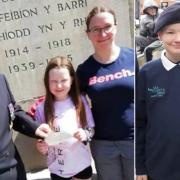 Daughter Seren with Samantha Watkins presenting cheque of money raised (L) and Ieuan in his Sea cadets uniform (R)