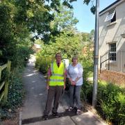 Cllr Malcom Phillips with Councillor Marianne Cowpe at the footpath at Llwyn Derwen