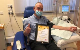 Howard Provis has now made 1,000 blood platelet donations. Picture: Welsh Blood Service
